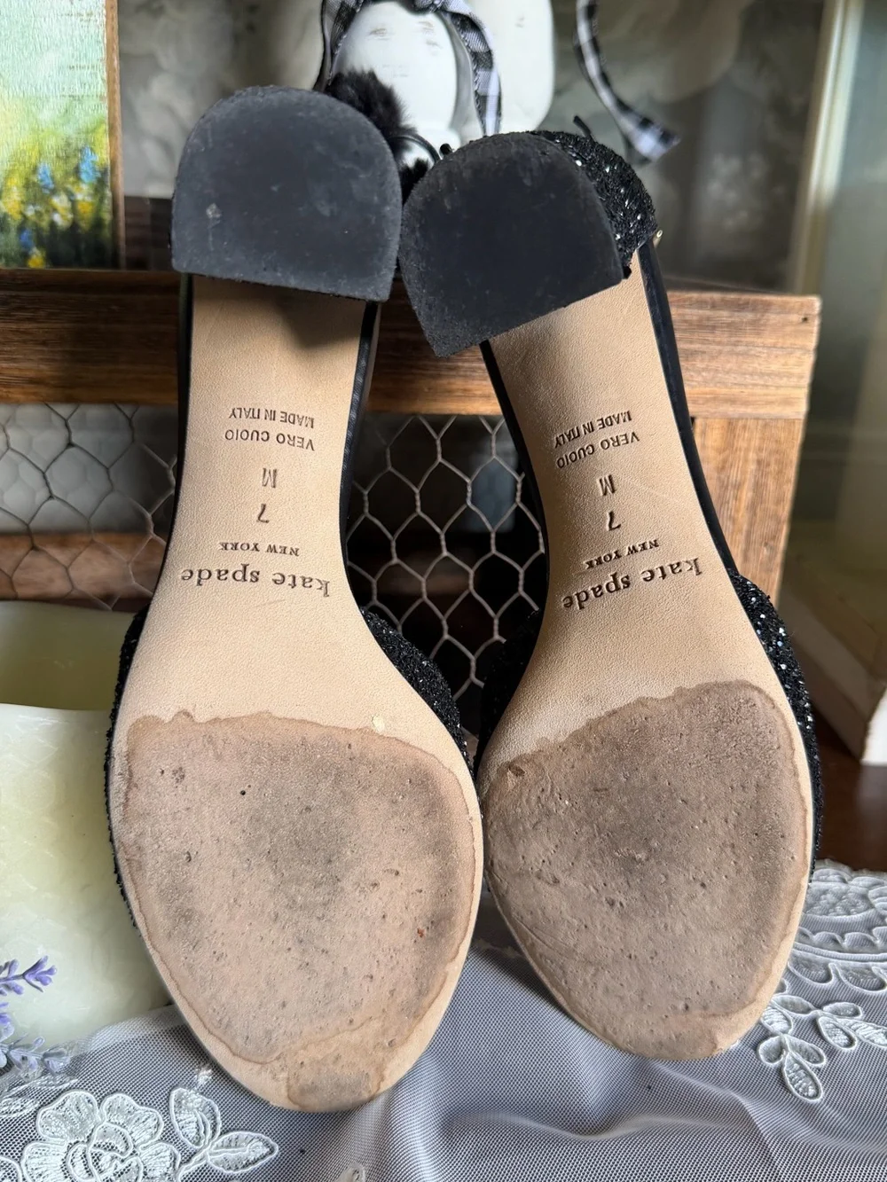kate spade New York Abigail Black Glitter Block Heels with Pom Ankle Ties sz 7
